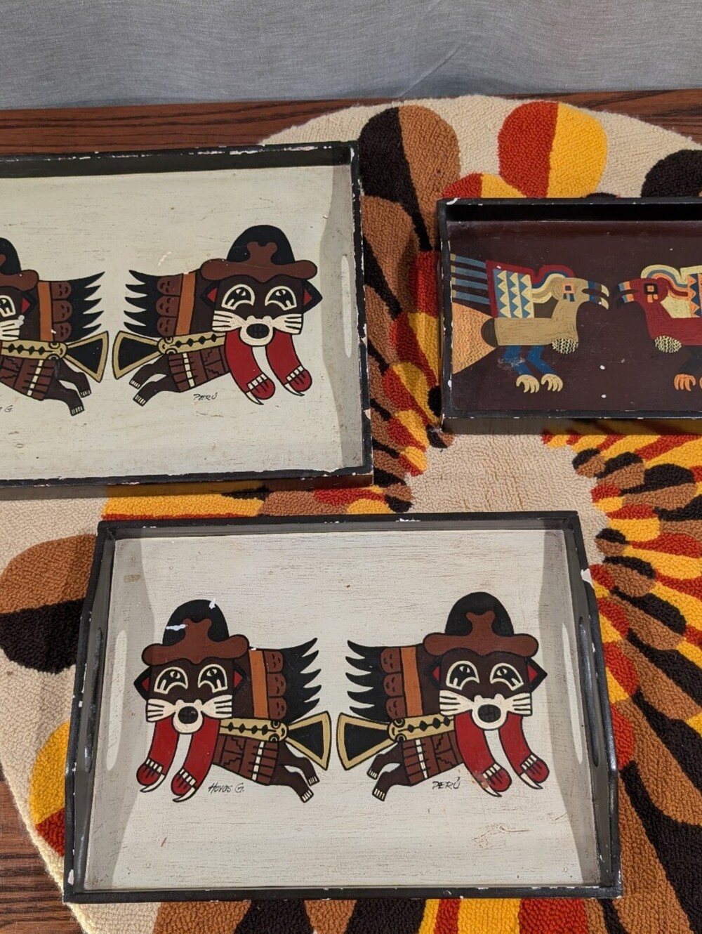 Set of 3 Vintage Peru Hand Painted Wood Trays Signed Hoyos G Andean Folk Art